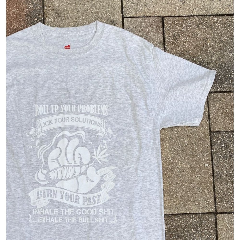 Cannabis Roll Up Your Problems Good Times Grey and White T Shirt Size Medium